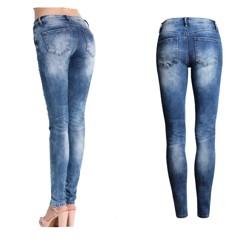 Model wearing red ripped jeans, styled casually with sneakers for a laid-back look.