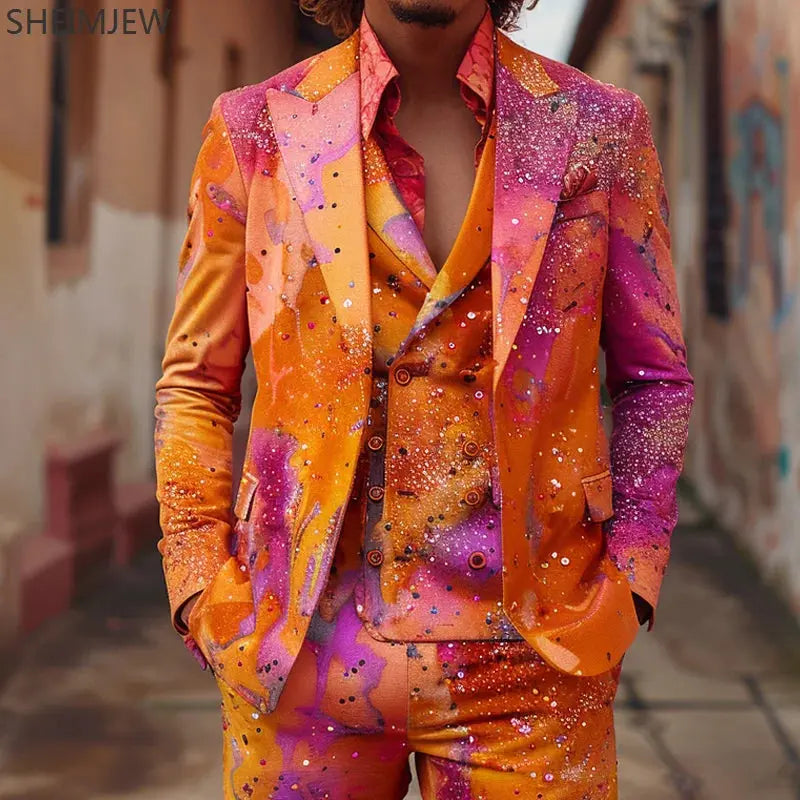 Men's vibrant suit ensemble in bold colors, crafted from high-quality polyester.
