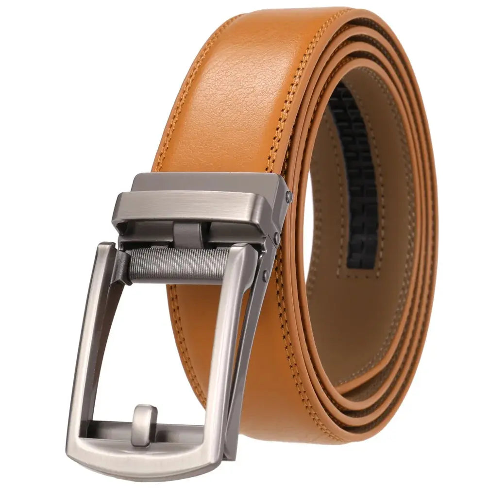 Men's designer belt with a sharp metal finish and automatic adjustment.