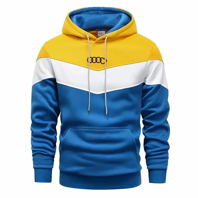 Tricolor hoodie of the men's tracksuit, blending style and comfort for winter outings.