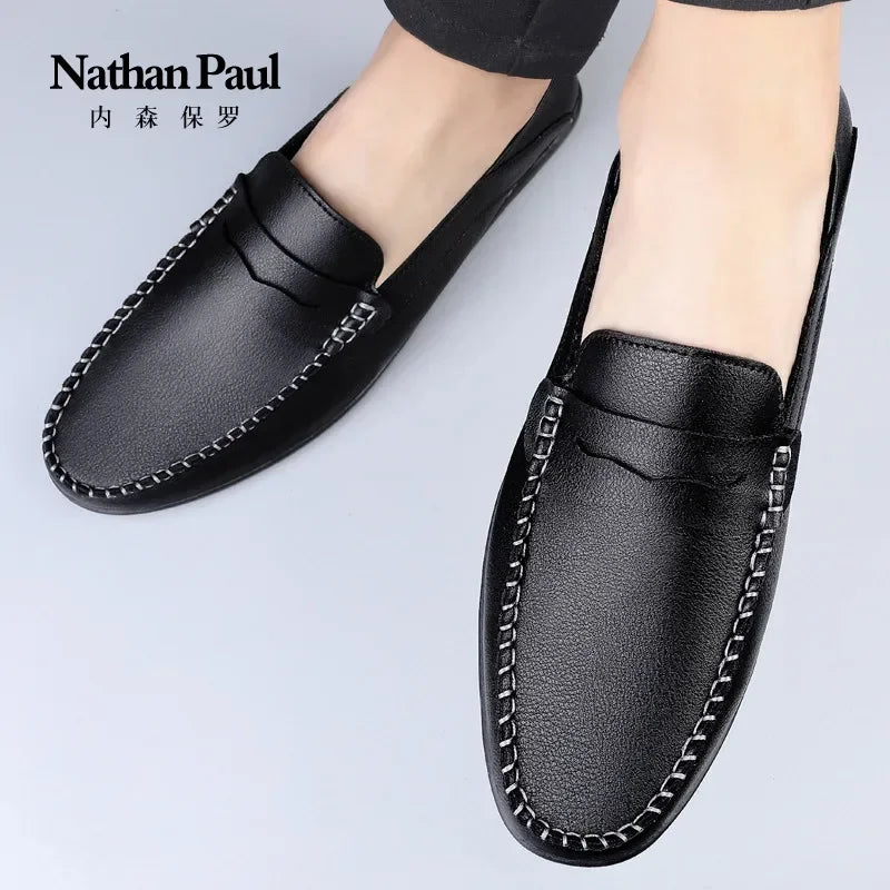 Men's premium leather slip-on bean shoes in solid color with fabric insole