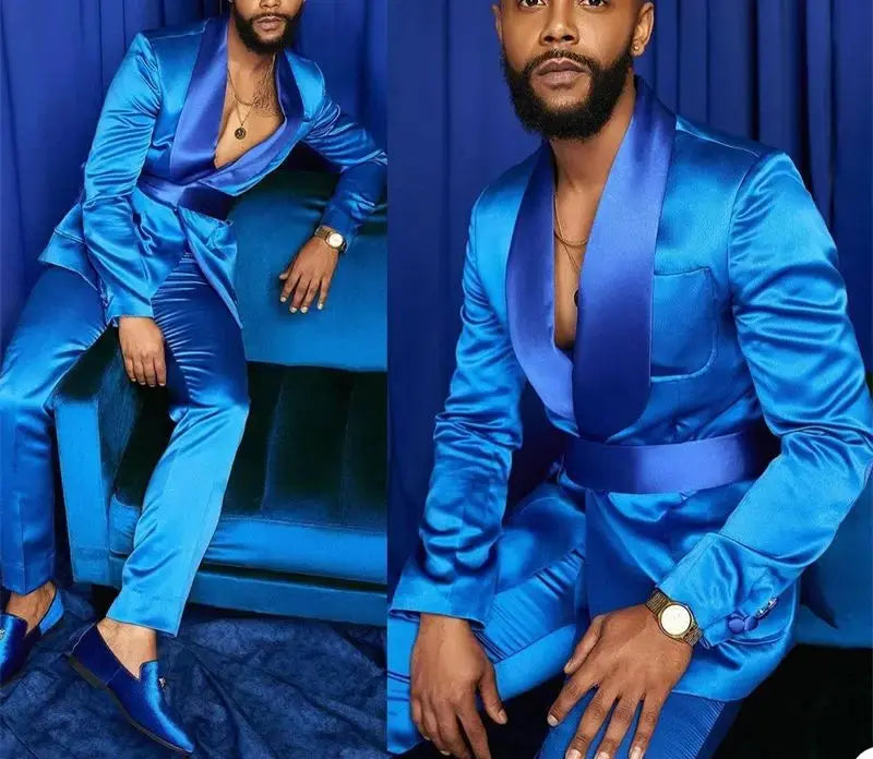 Royal blue tuxedo with slim fit design, perfect for weddings and galas.