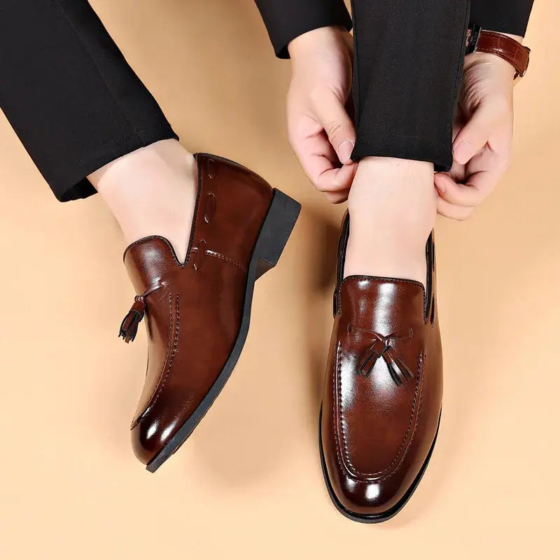 Close-up of slip-on dress shoes showcasing the modern cut and cushioned insoles.