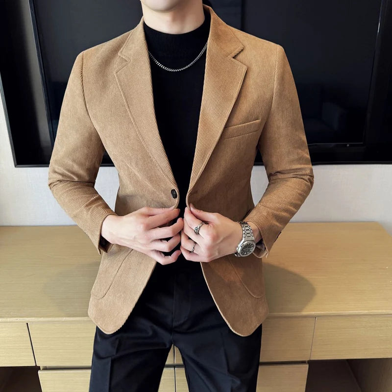 Autumn Whisper blazer paired with smart casual attire, perfect for transitional weather.