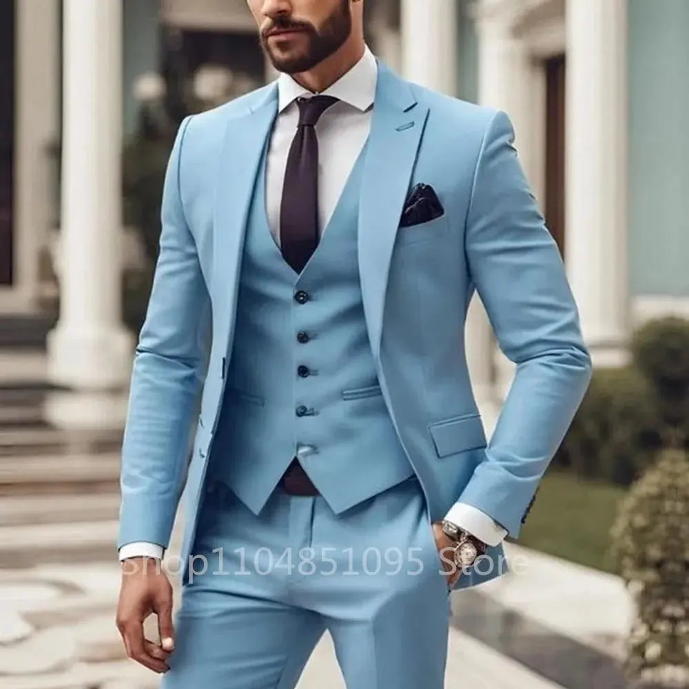 Men's tailored suit set worn at a wedding, exuding confidence and style.