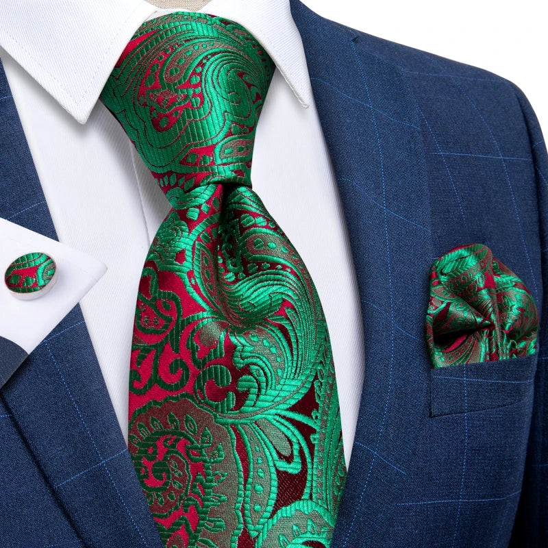 Refined blue red paisley necktie with coordinating pocket square accessory