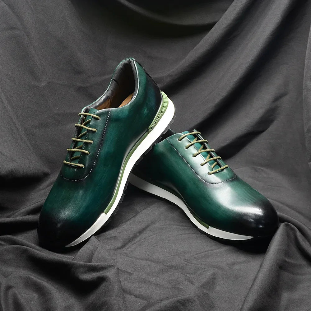 Green genuine cow leather dress oxfords with 2.8 cm heel and classic lace-up styling