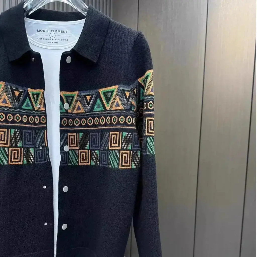 Back view of Urban Poise cardigan highlighting the refined geometric pattern and streamlined design.