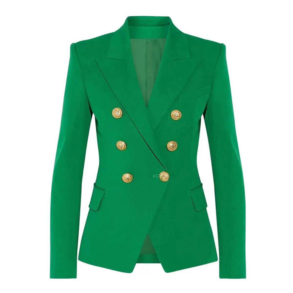 Navy double-breasted jacket styled with a chic blouse underneath.
