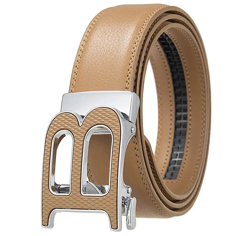 Model wearing the Command the Room leather belt with a business suit, emphasizing its sophisticated style.