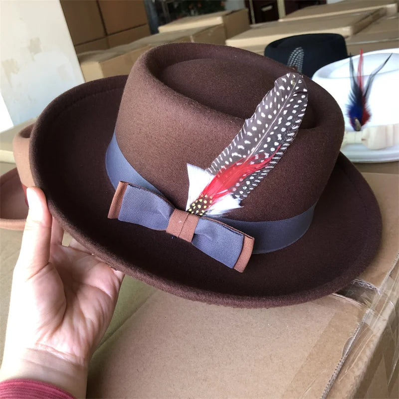 Elegant burgundy fedora hat, perfect for jazz events and gatherings.
