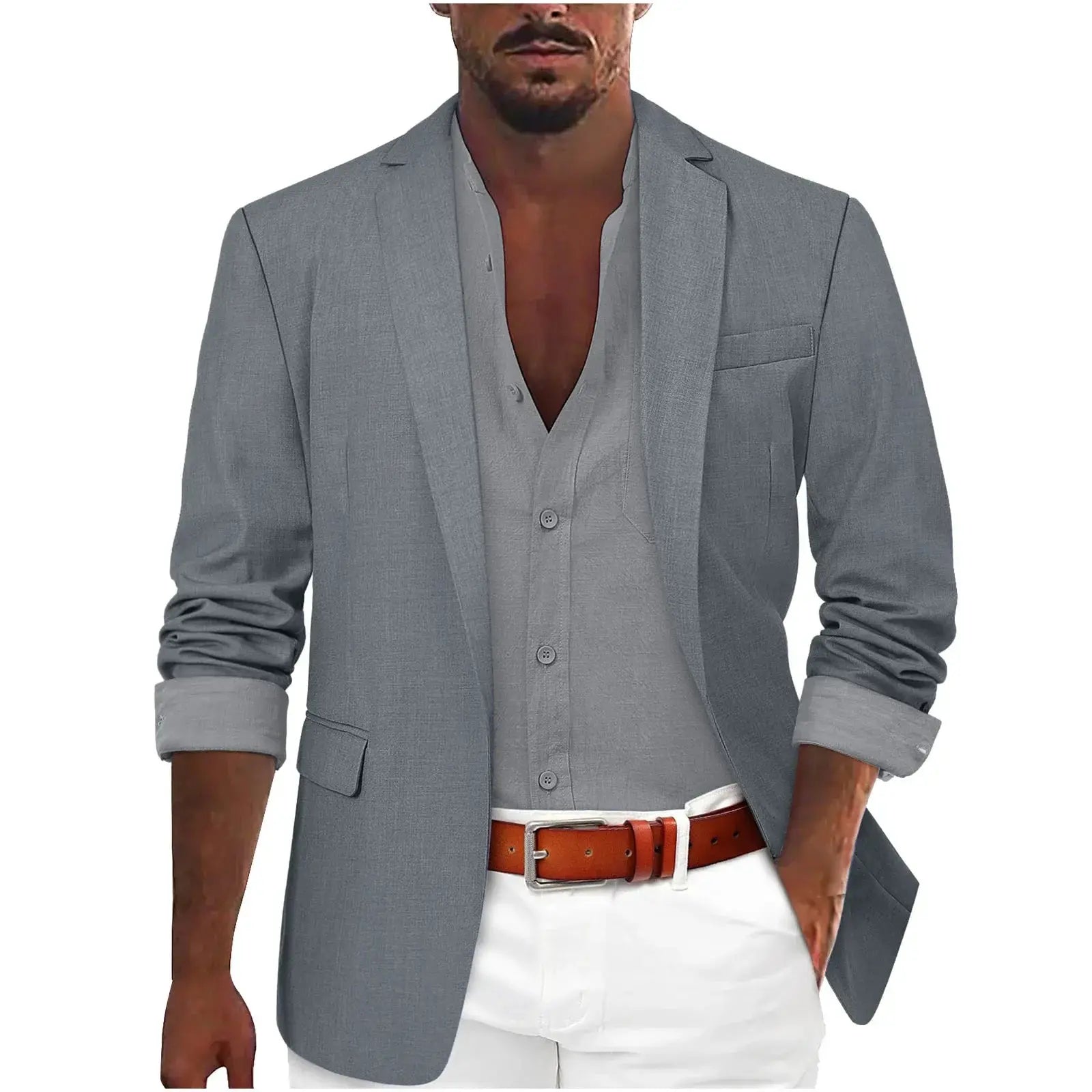 Navy tailored blazer folded neatly, showcasing its lightweight fabric.
