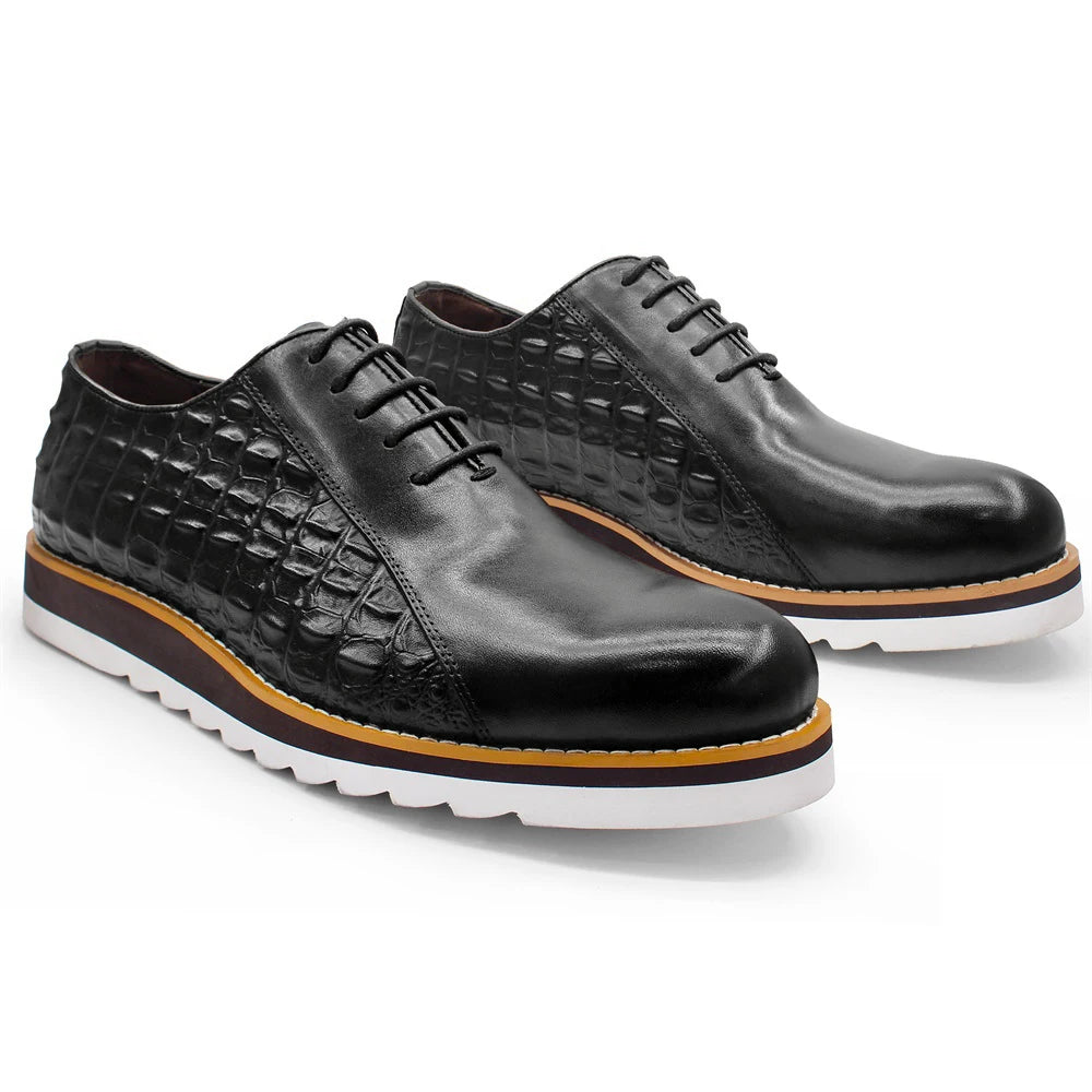 Height-boosting crocodile-embossed oxfords with premium leather upper and all-weather protection
