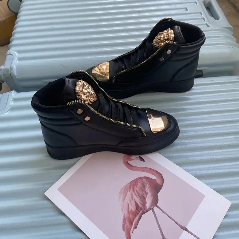 Breathable mesh interior of high-top sneakers for cool comfort.