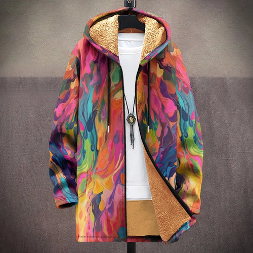 Art-print hooded puffer jacket with abstract design and plush polyester construction for winter warmth
