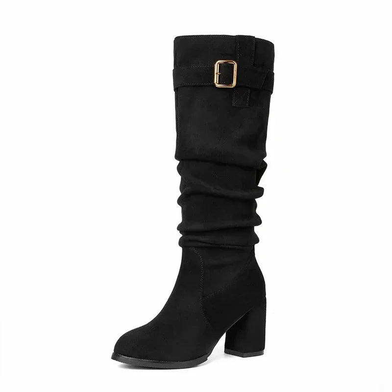 Classic waterproof suede boots with pleated detailing and medium height heel