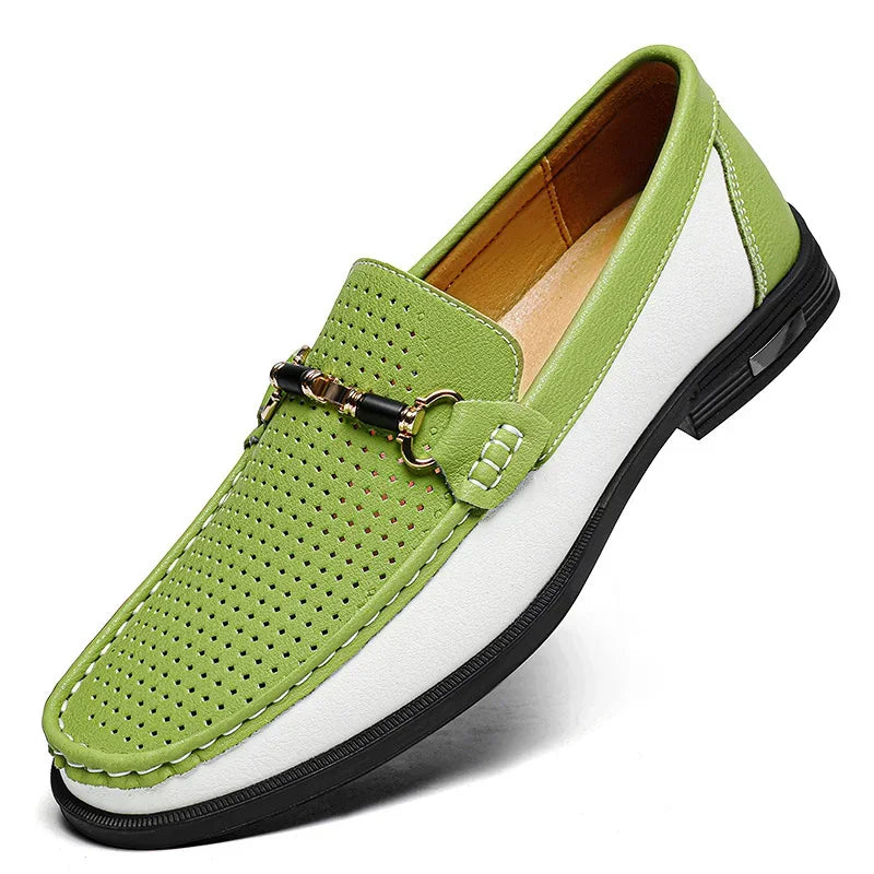 Effortless Drive brown genuine leather slip-on loafers for men on white background