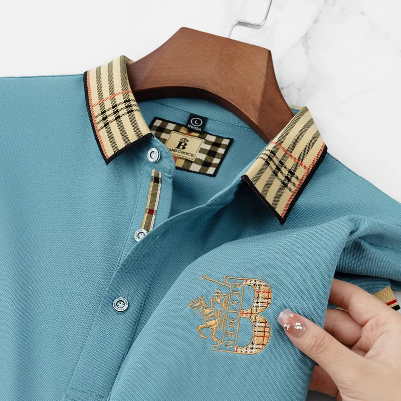 Versatile embroidered polo shirt with contrasting collar and placket in lightweight cotton blend