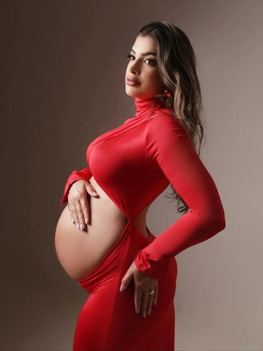 Elegant floor-length maternity gown, crafted from lightweight voile, perfect for capturing special moments.