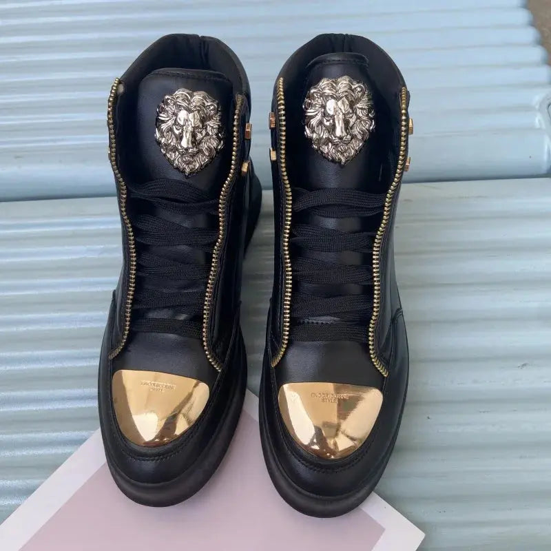 Urban street style high-top sneakers in sleek black design.
