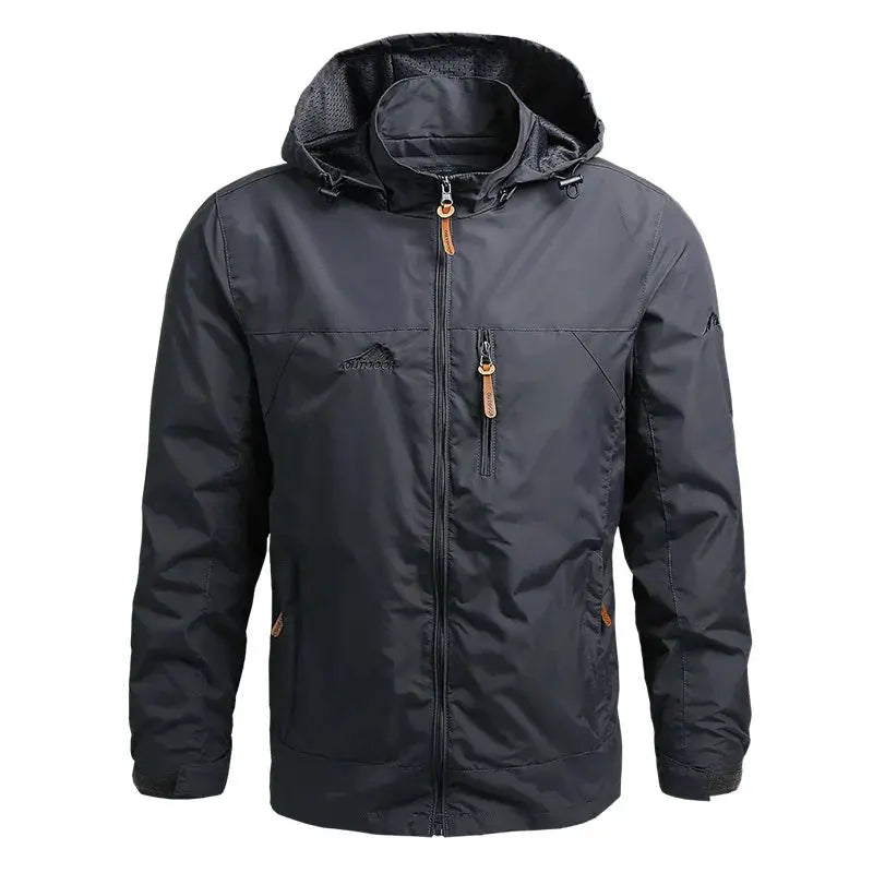 Windbreaker displayed on a hanger, emphasizing its lightweight durability and practical design.