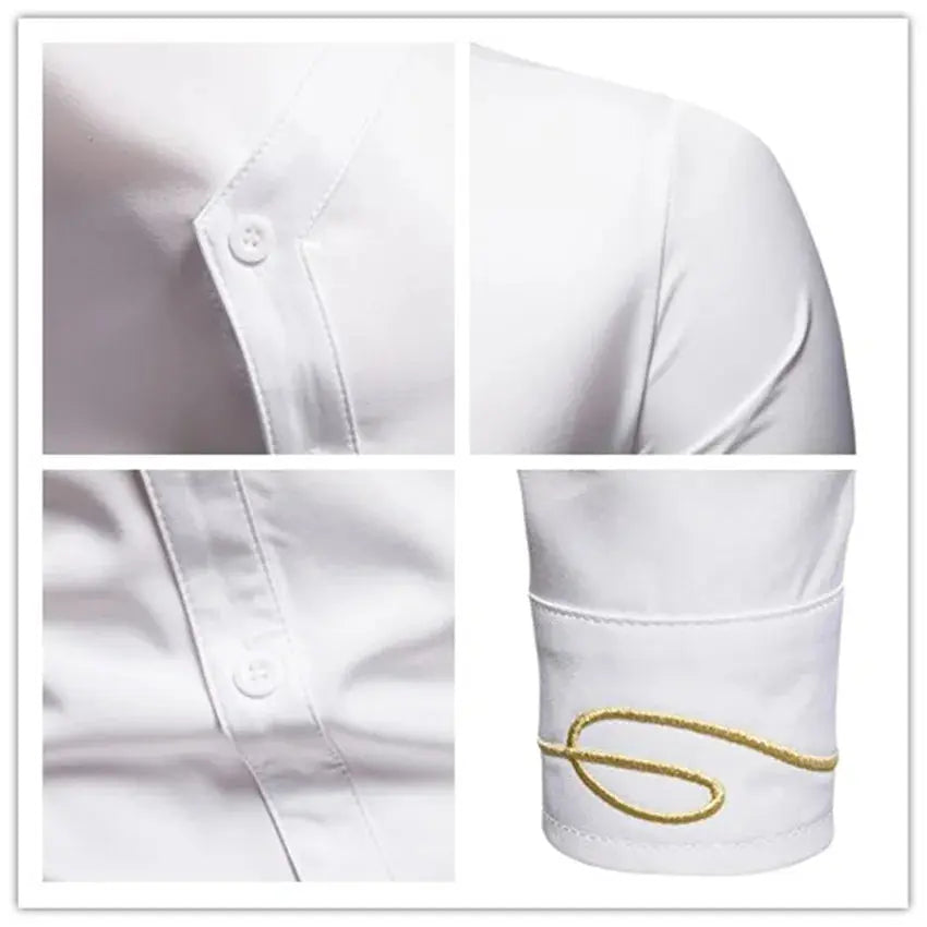 Asymmetrical white shirt showcasing architectural diagonal button design and textured embroidery