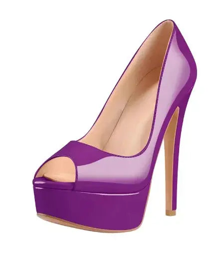 Timeless nude platform stiletto heels in patent leather with breathable peep toe opening