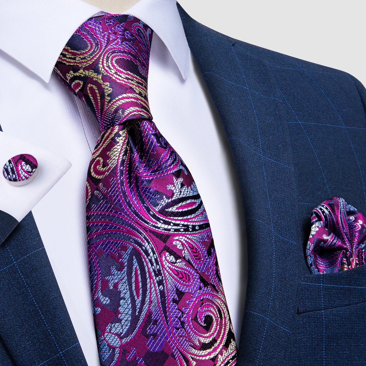 Elegant formal tie set showing detailed paisley pattern craftsmanship
