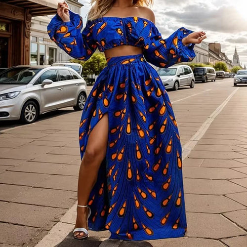 African Heritage two-piece set with slash-neck top and flowing slit skirt in traditional print