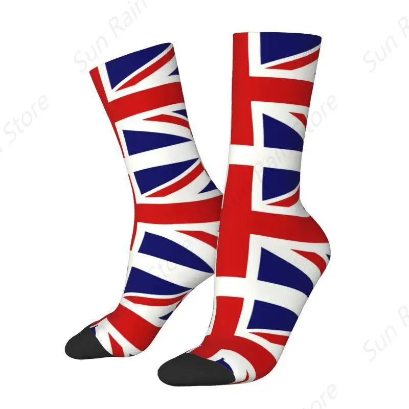 Union Jack socks featuring a vibrant British flag design, made from soft polyester and spandex blend.