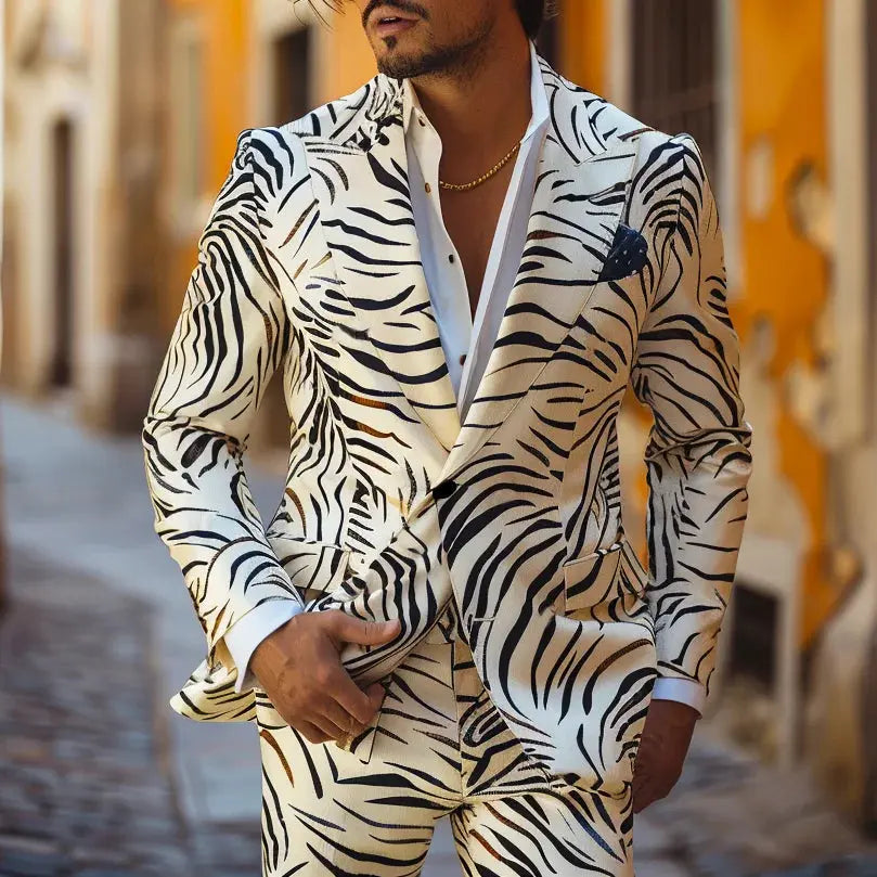 Lifestyle image of the suit in a bustling reception, commanding attention.