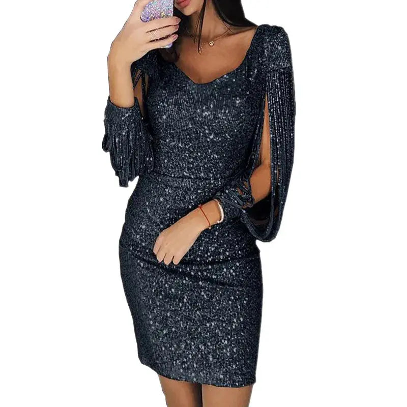 Full-length view of the Midnight Shimmer dress, perfect for a dance floor ensemble.