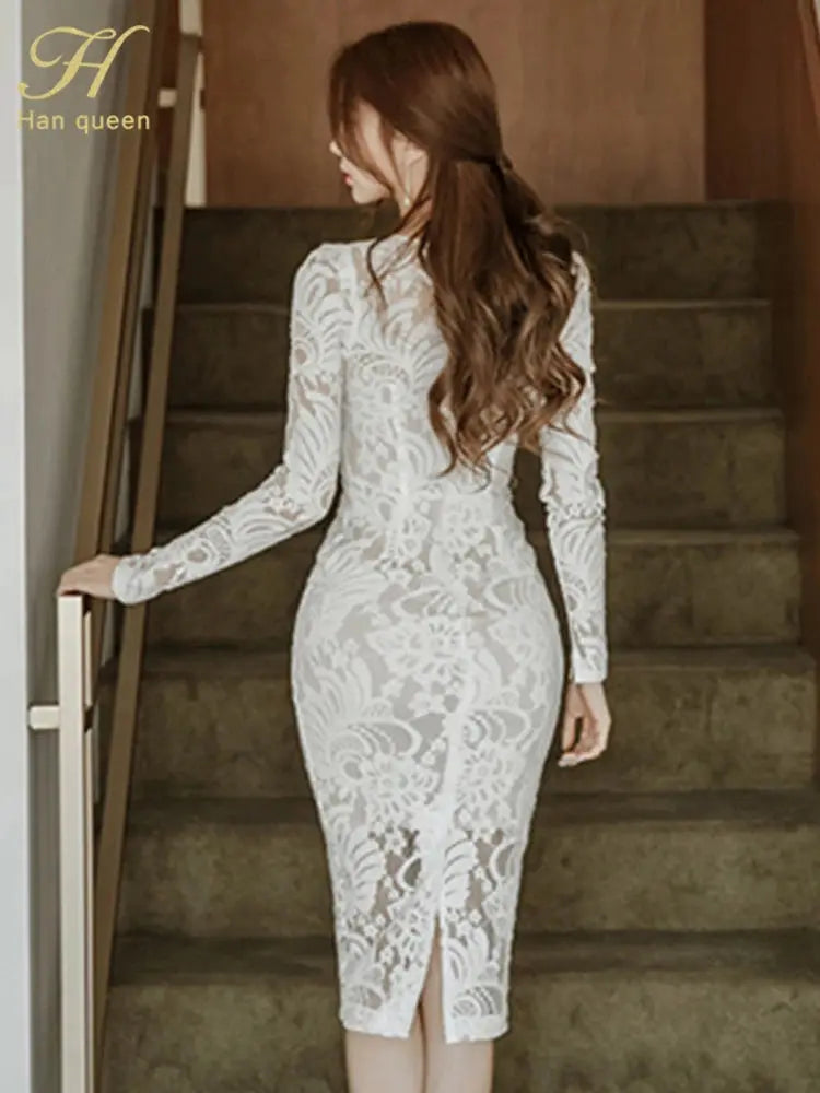 Close-up of intricate lace detail on tailored lace dress, showcasing craftsmanship.