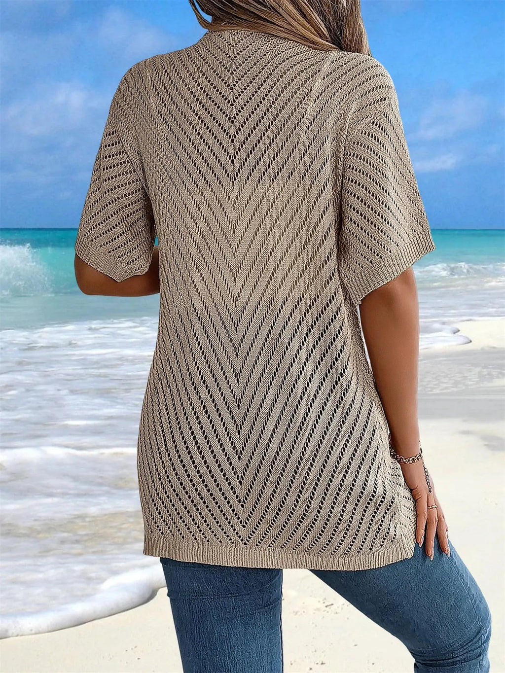 Open front design of the Breeze Whisperer Crochet Cardigan showcasing delicate knit.