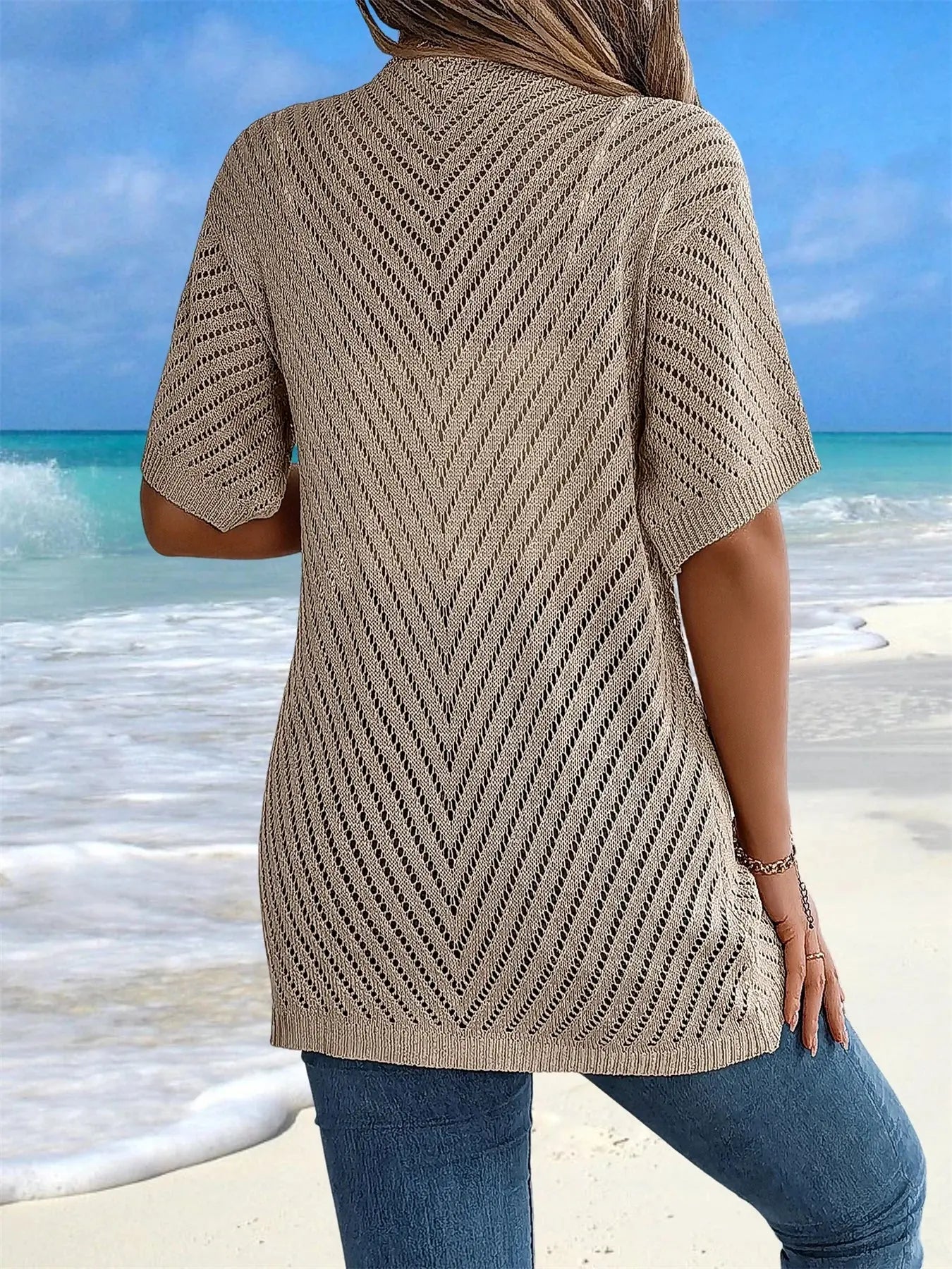 Open front design of the Breeze Whisperer Crochet Cardigan showcasing delicate knit.