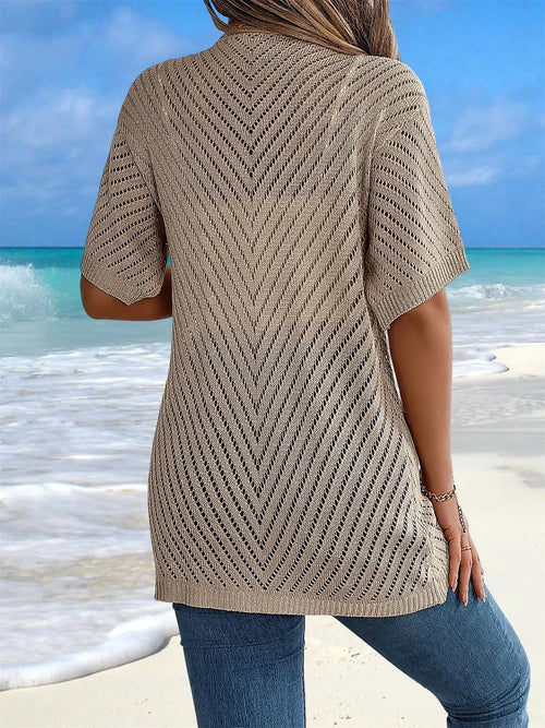 Open front design of the Breeze Whisperer Crochet Cardigan showcasing delicate knit.