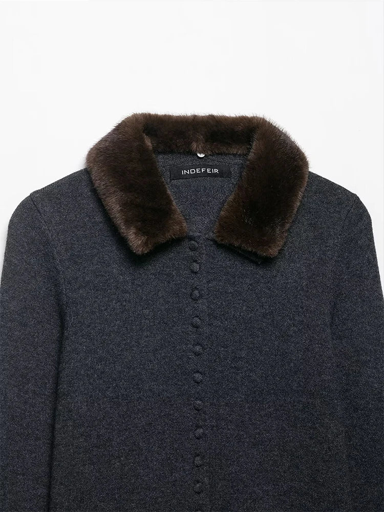 Model wearing the Autumn Whisper Cardigan, highlighting its casual elegance and comfort.