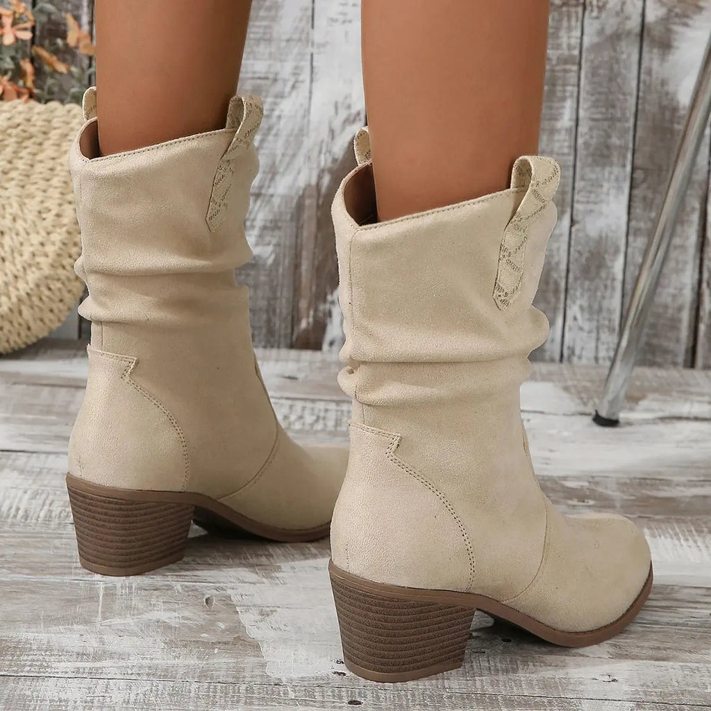 Women's slip-on cowboy boots featuring decorative stitching and comfortable block heel