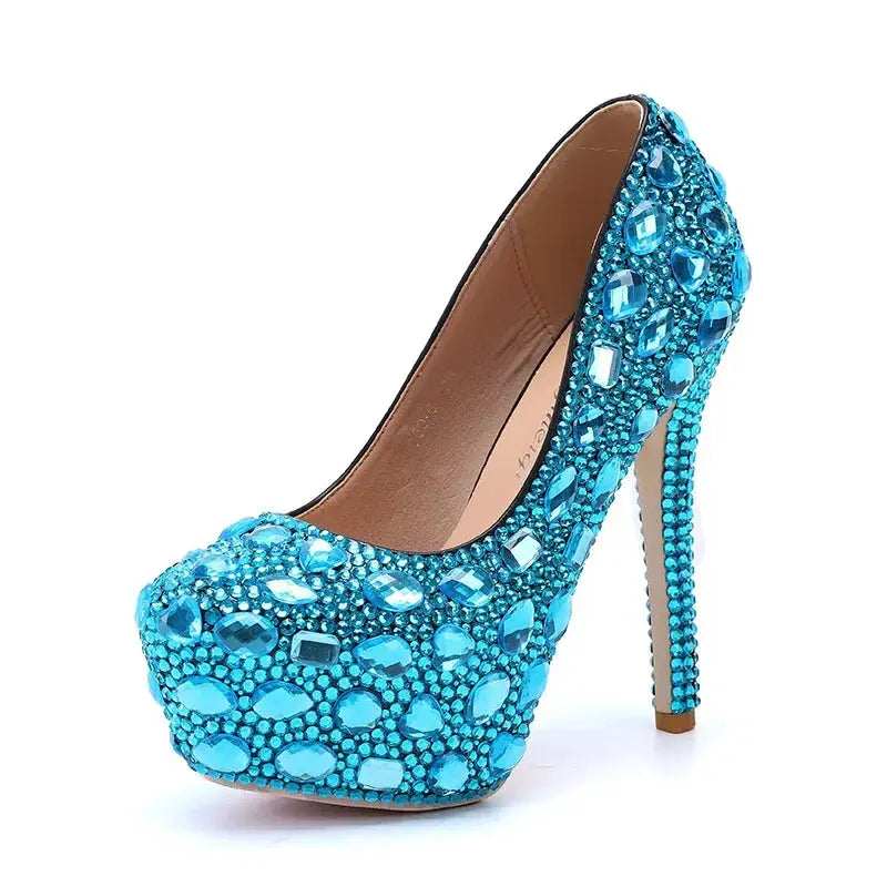 Midnight Twinkle blue pumps with hand-placed rhinestones for dazzling elegance.