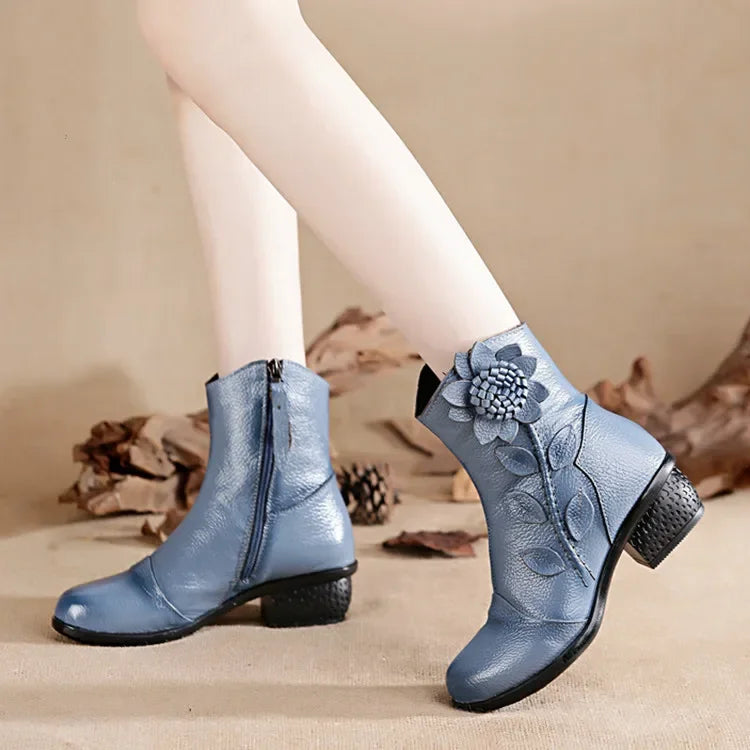 Classic floral boots with cotton lining, medium heel, and anti-slip sole technology