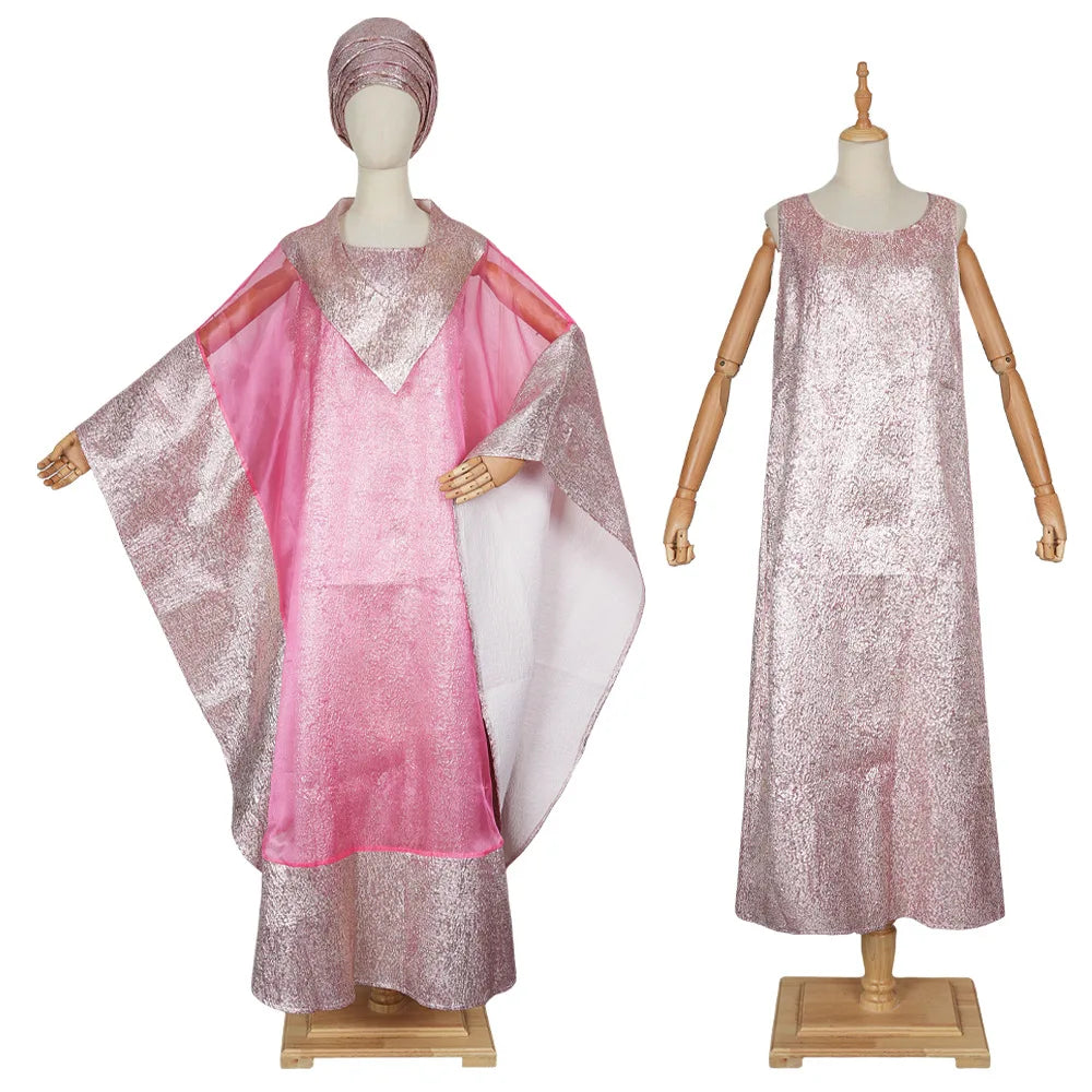 African Plus Size Jacquard Headscarf Robe 2-Piece Elegant Gown