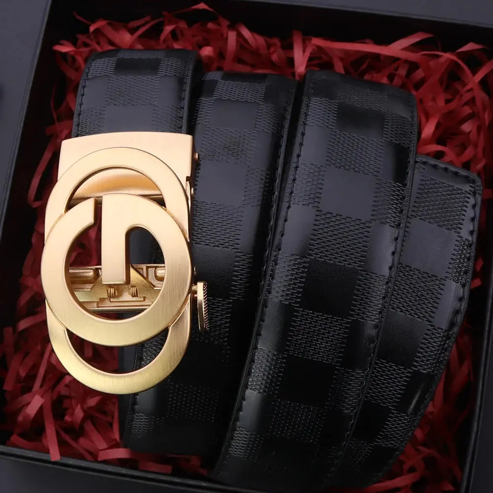 Unisex design belt showcasing polished automatic buckle detail.