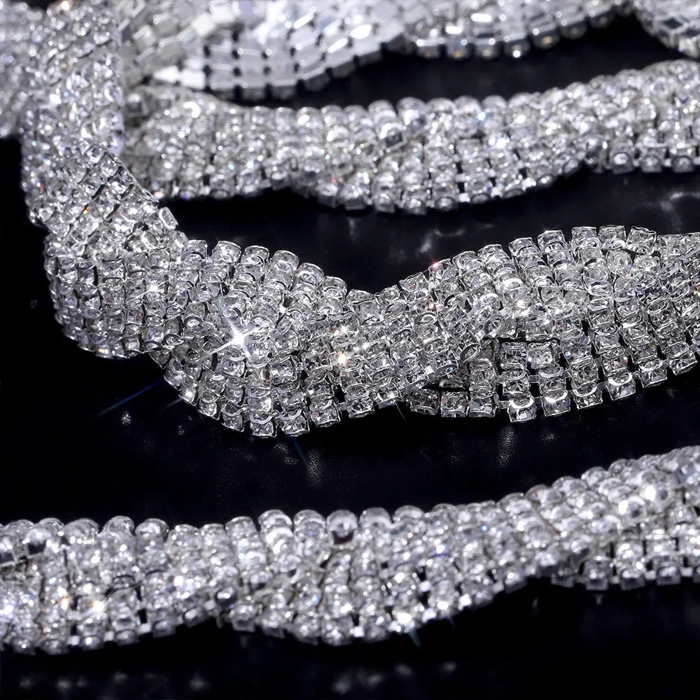 Rhinestone trim showcasing brilliant sparkle, perfect for elegant garment embellishments.