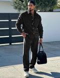 Casual business lunch scene featuring a man in a sophisticated leisure suit.