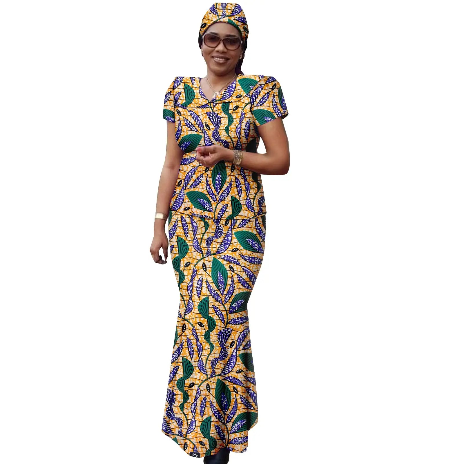 African Women Ankara Print Doll Collar Top, Skirt & Headscarf 3-Piece Set