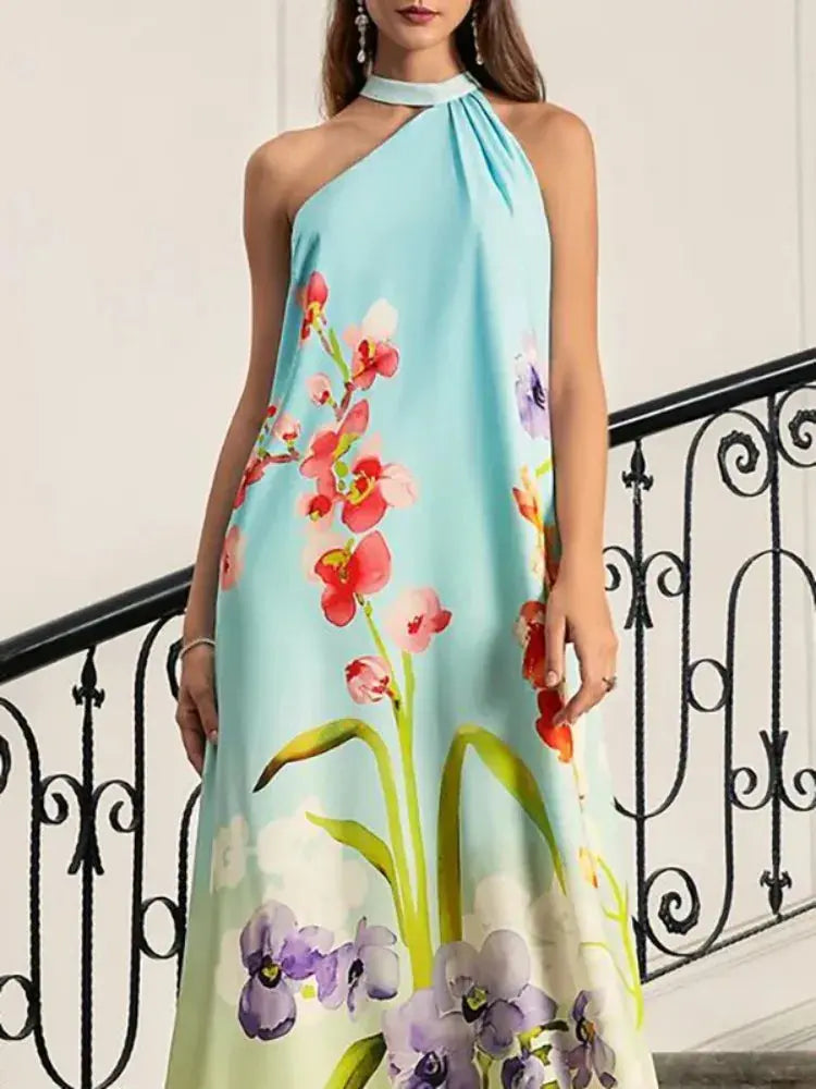 A-line fit Sunset Hues Maxi Dress with flowing fabric, perfect for garden parties and twilight events.