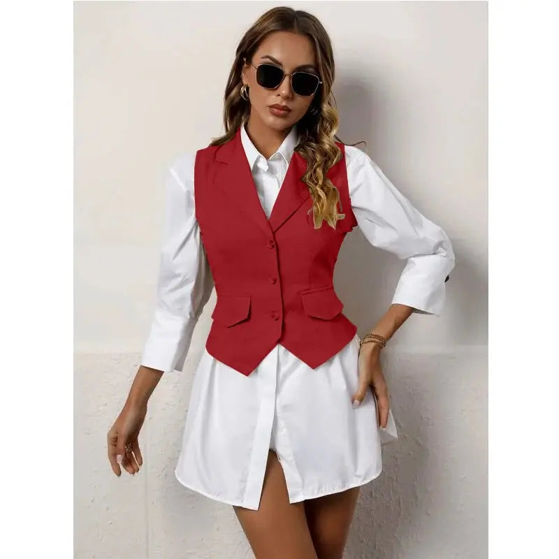 Chic tailored vest styled with statement jewelry, perfect for a confident look.