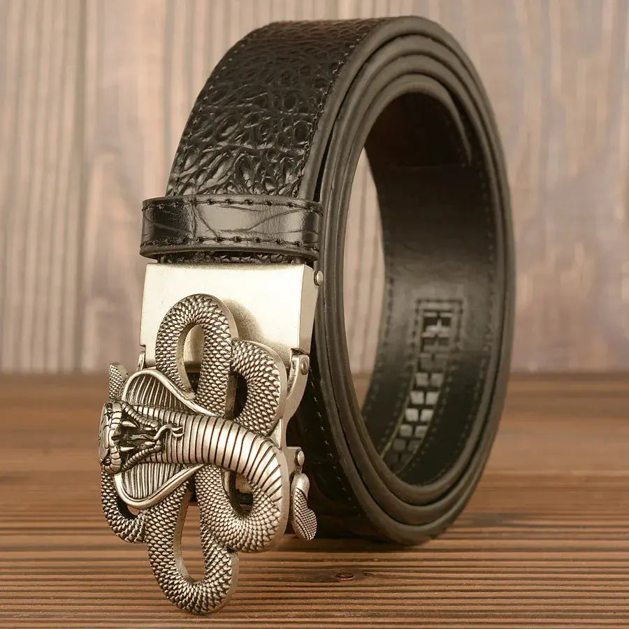 Black leather belt with a reliable alloy buckle for seamless functionality.