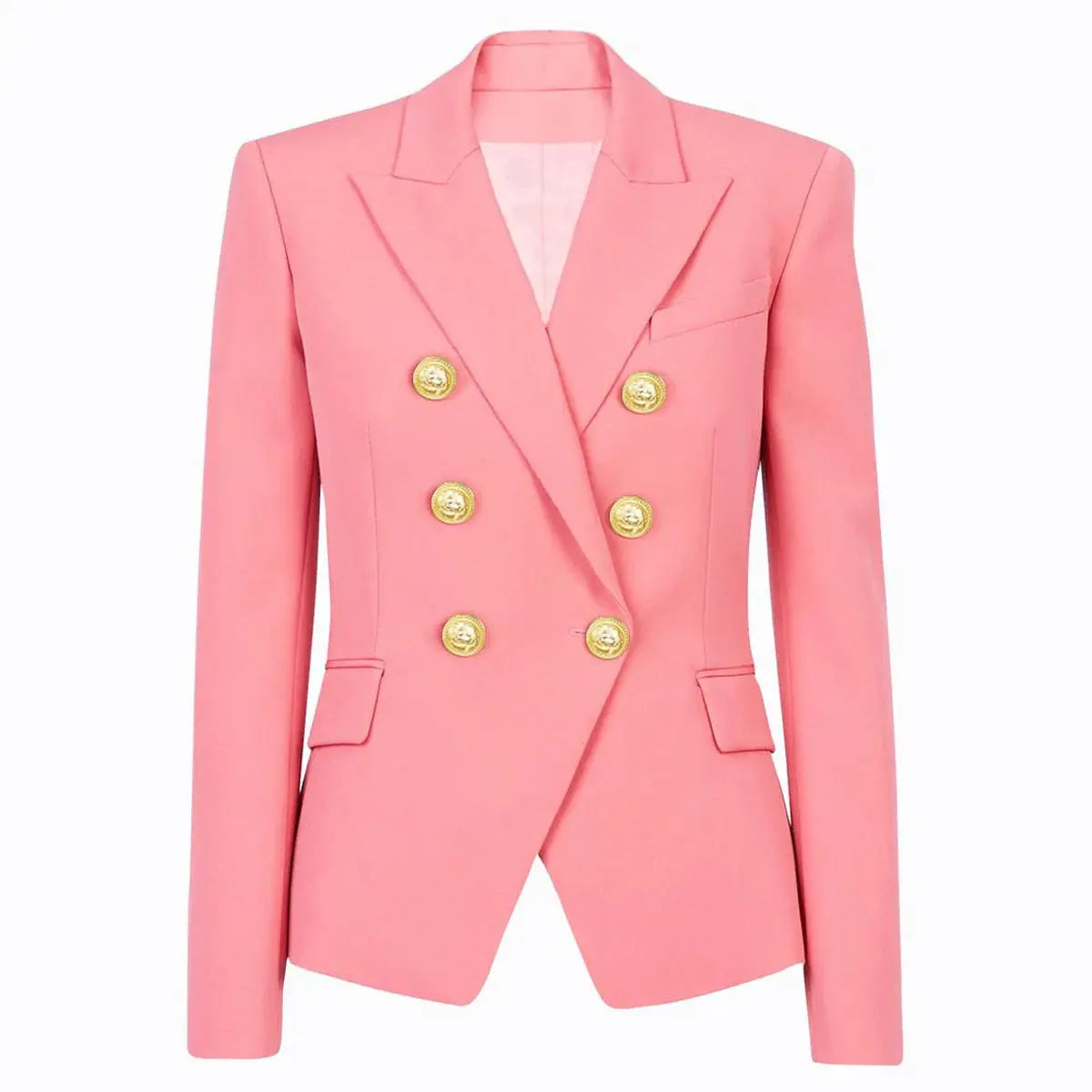 Navy tailored suit set displayed on a mannequin with a chic office backdrop.