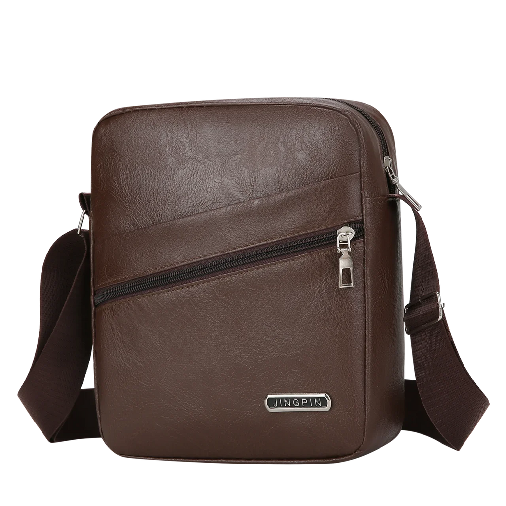Black polyester crossbody bag offering surprising storage capacity in sleek silhouette